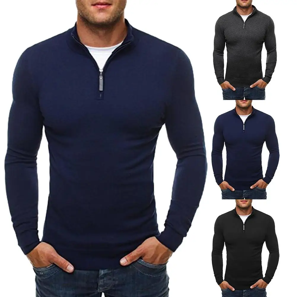 Chic Men Solid Color Stand Collar Long Sleeve Zipper Knitted Sweater Top Blouse