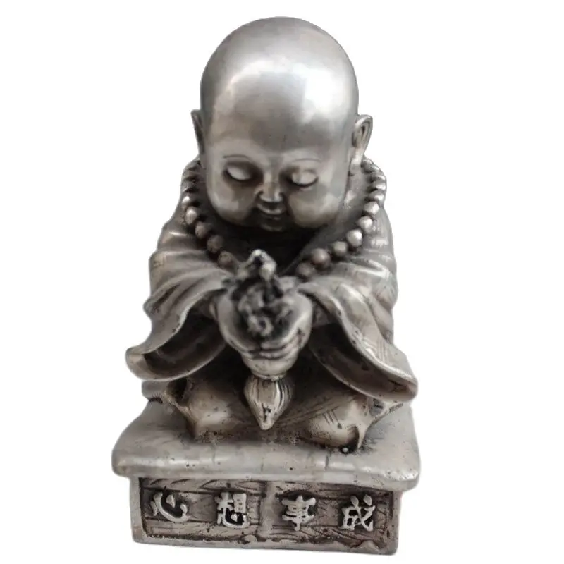 

Tibet Silver Household fengshui adornment devout prayers young monk statue-All wishes come true metal handicraft