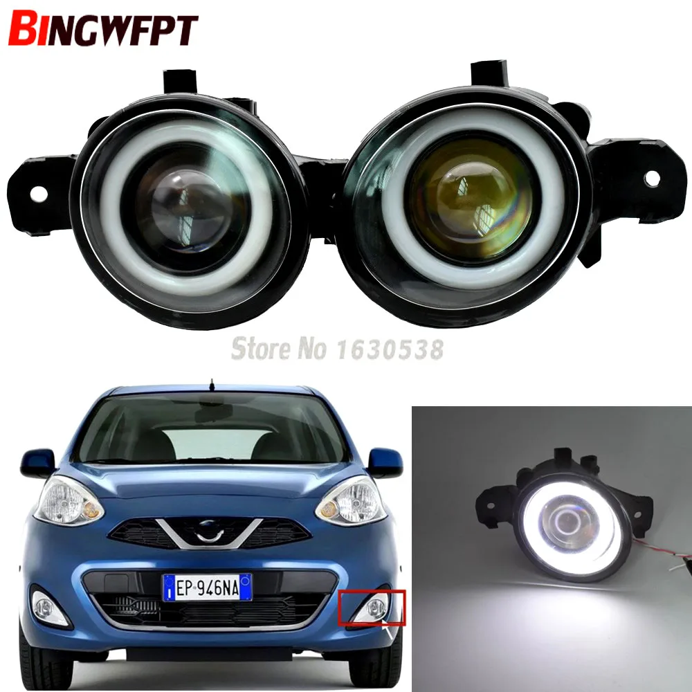 Zestaw świateł przeciwmgielnych LED z efektem Angel Eye, soczewka, światła do jazdy dziennej, 12V H11, do Nissan Micra March 4/IV (K13) Hatchback 2010-2018