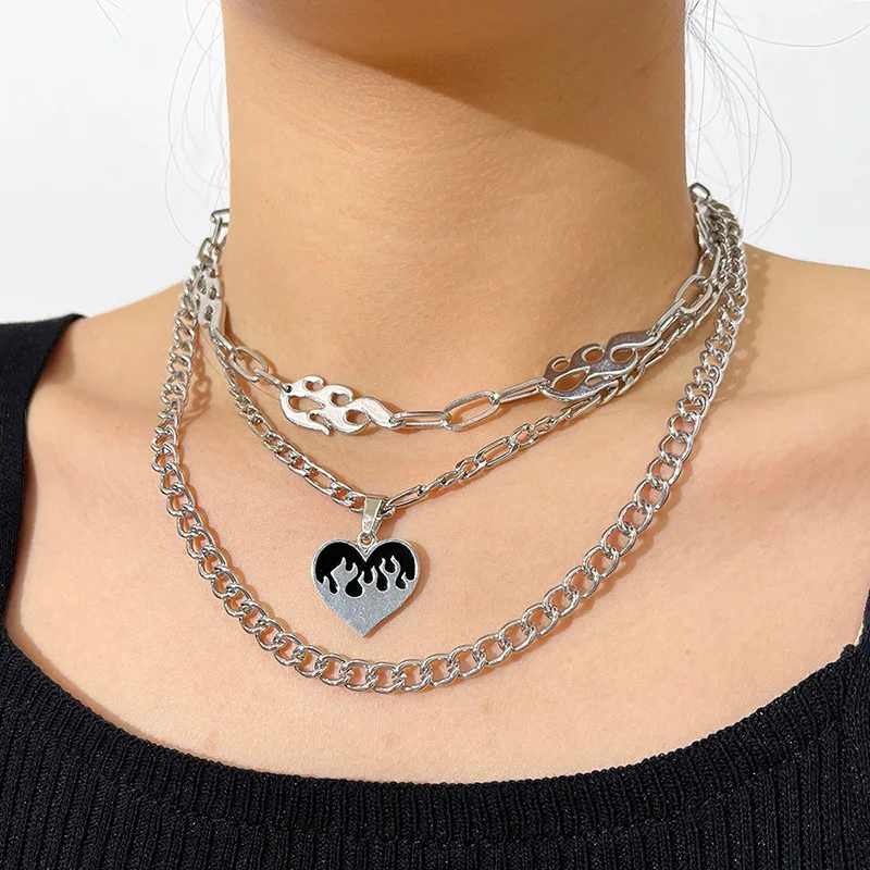 Punk Silver Plated Multilayer Chains Flame Pendant Necklace Fashion Hip Hop Enamel Heart Short Collar For Women Men Gift Jewelry