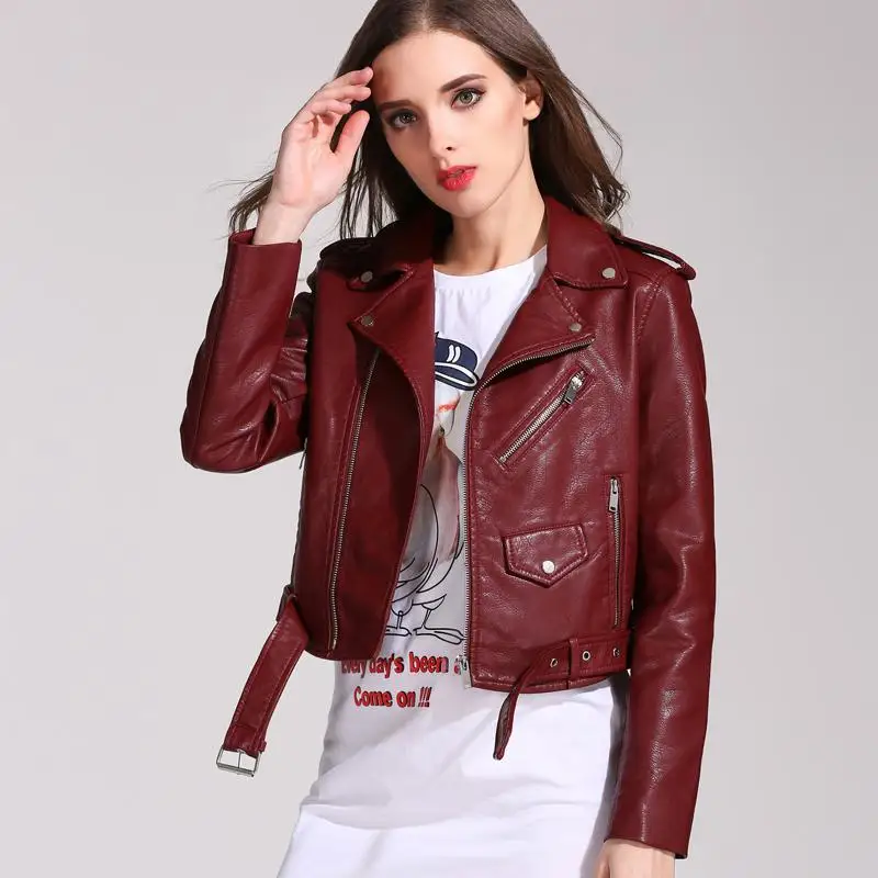 Women\'s Pu Motorcycle Jacket with Waistband Slim Fit Short Punk