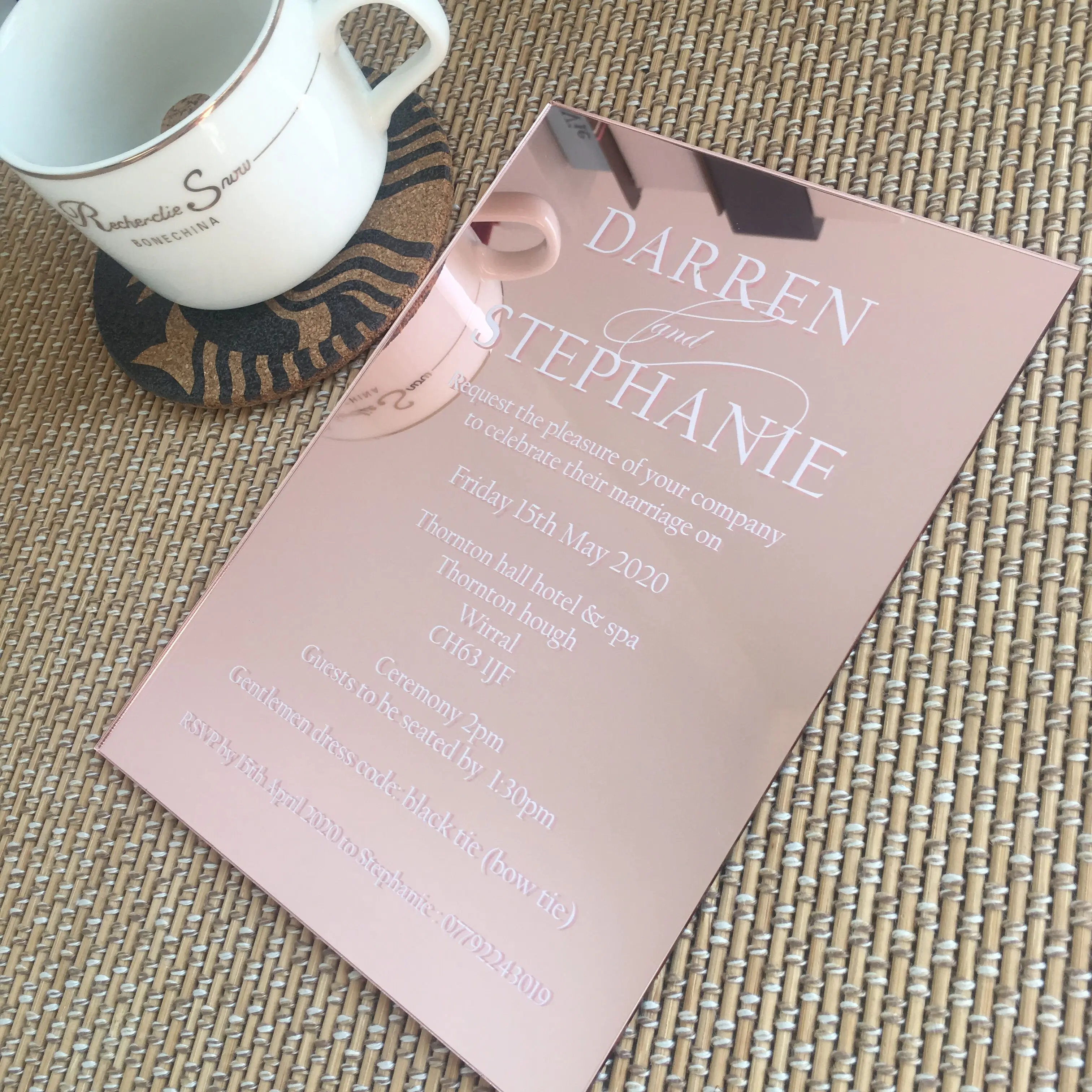 

10PCS Hot Sell Elegant Rose Gold Mirror Acrylic Wedding Invitation Card with Colorful Printing