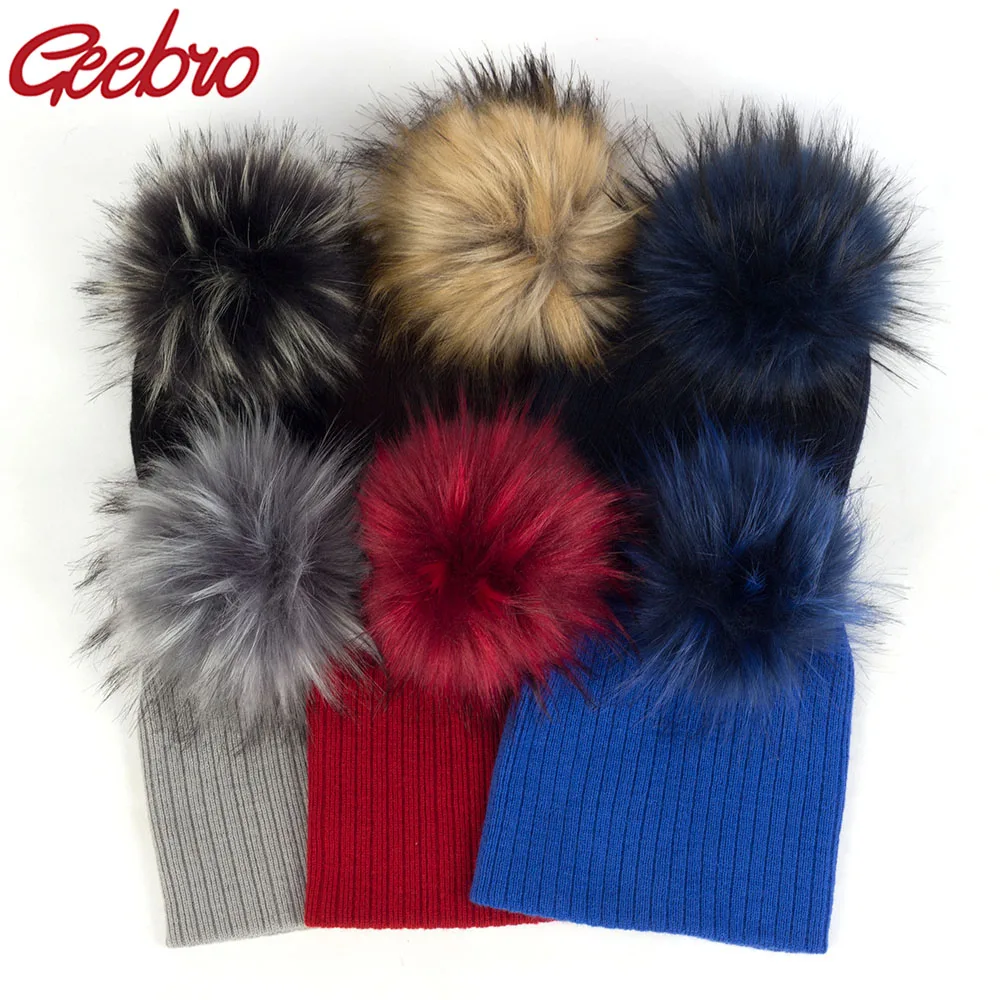 Geebro Autumn Winter Thick Warm Baby Hat Knit Ribbed Cotton Solid Baby Pompom Hats For Boys Girls Children\'s Hats Child Beanie