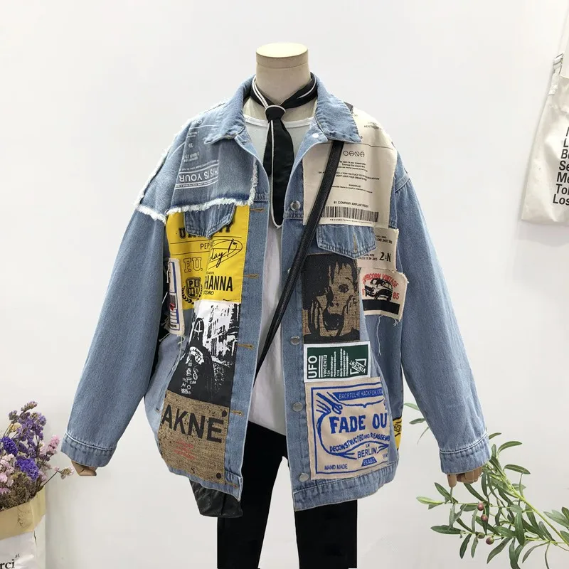 

Streetwear Fashion Patch Printing Frayed Burrs Blue Denim Jacket Women Loose Vintage Long sleeve Irregular Jeans Jackets Femme