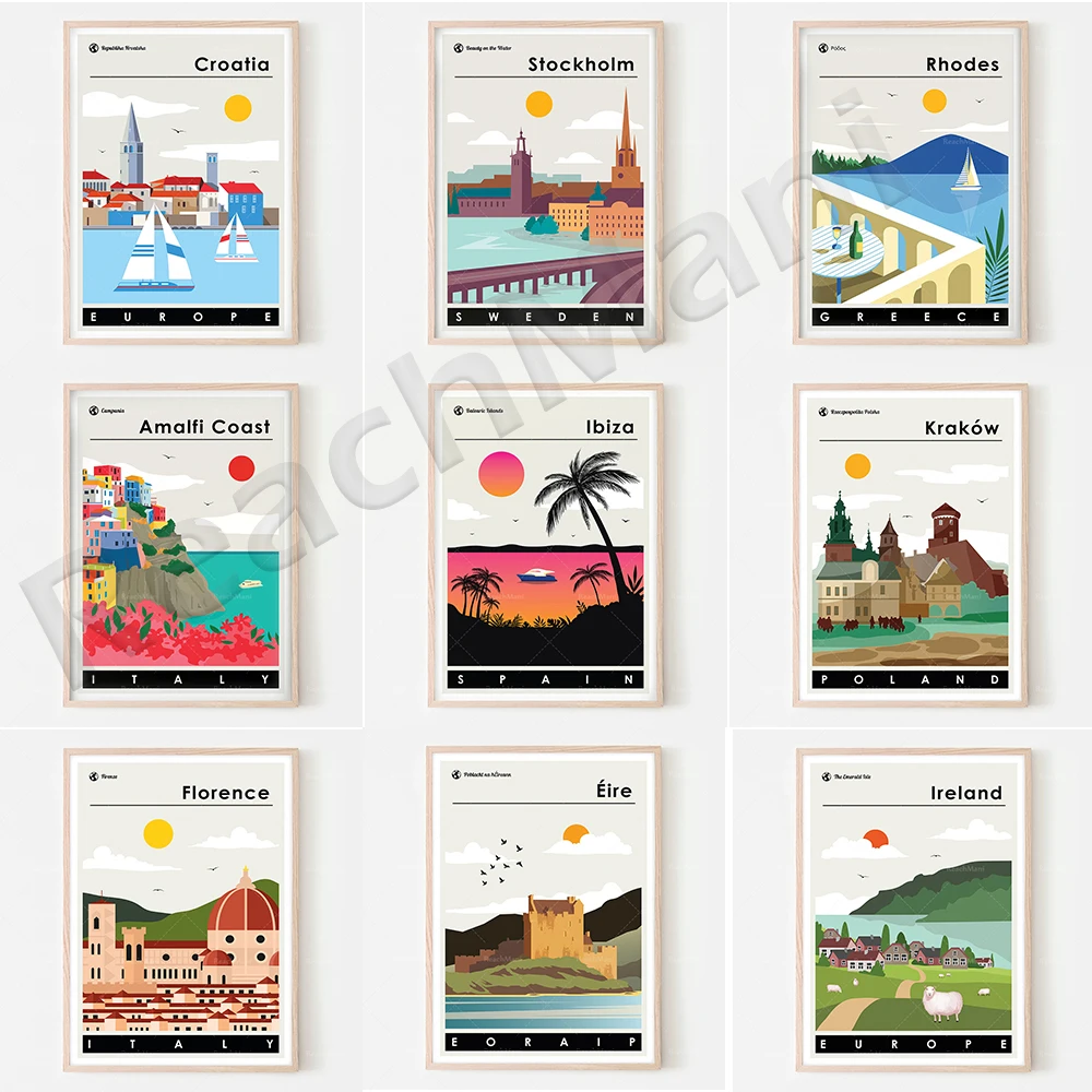 

Travel posters, Oslo, Norway, Ireland, Ibiza, Spain, Croatia, Amalfi Coast, Reykjavik, Iceland Art tropical bohemian landscape c