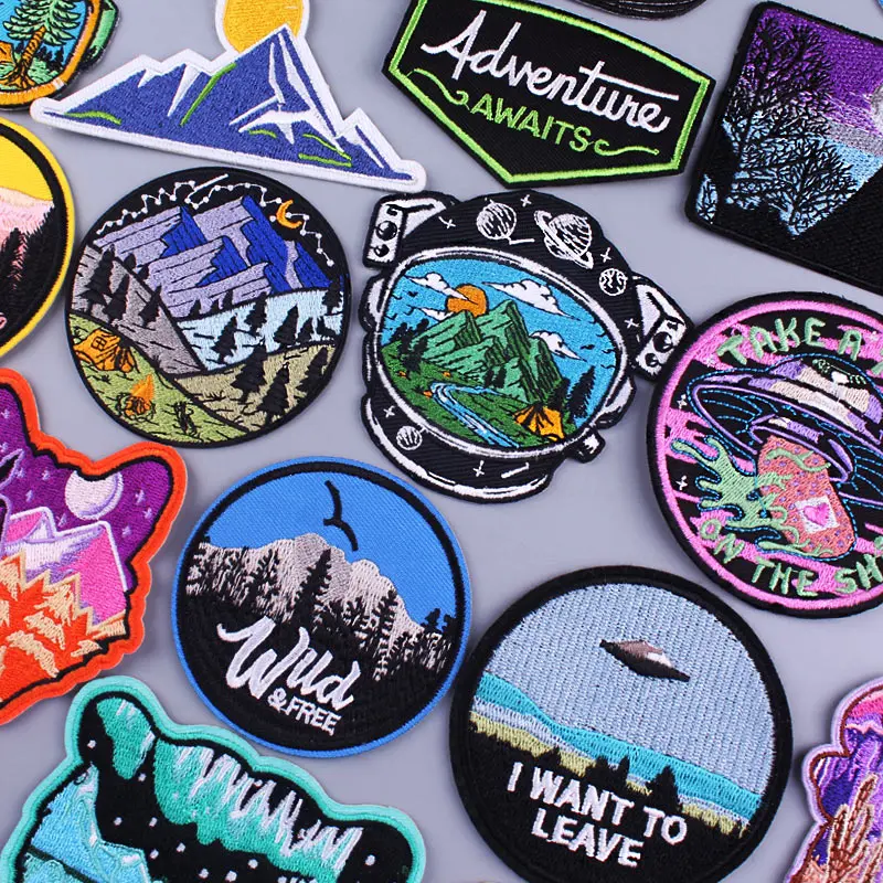 Nature Adventure Patch Mountain Camping Embroidered Patches For Clothing Iron On Patches On Clothes Diy Travel Badges Appliques