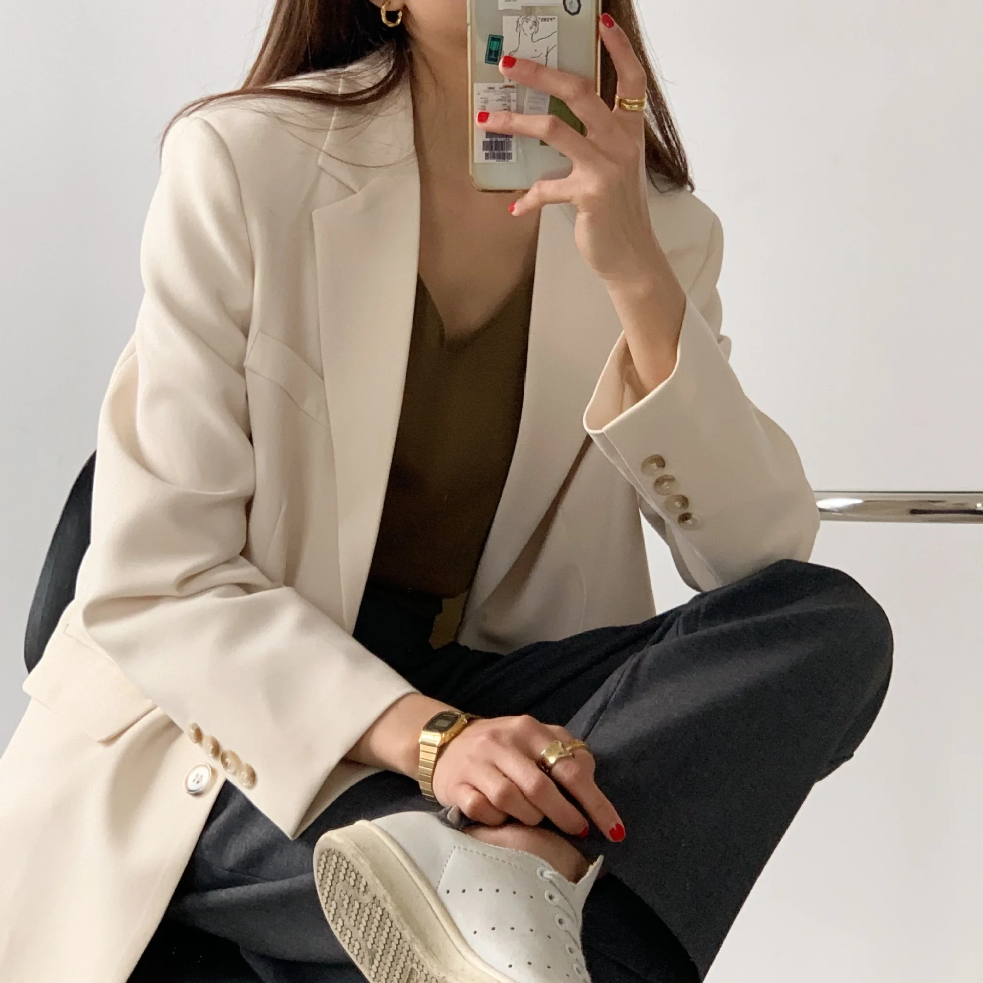 

Spring 2020 Korean Version Of Women's Temperament Loose Suit Hong Kong Flavor Office Solid Color Casual Small Suit Jacket