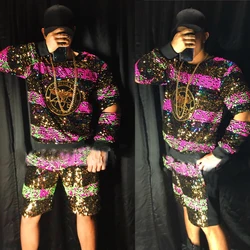 2 Pieces Shiny Sequins Hiphop Suit Colorful Jazz Top Shorts Men Nightclub Bar Dj Ds Tide Rock Stage Performance Clothes XS2312