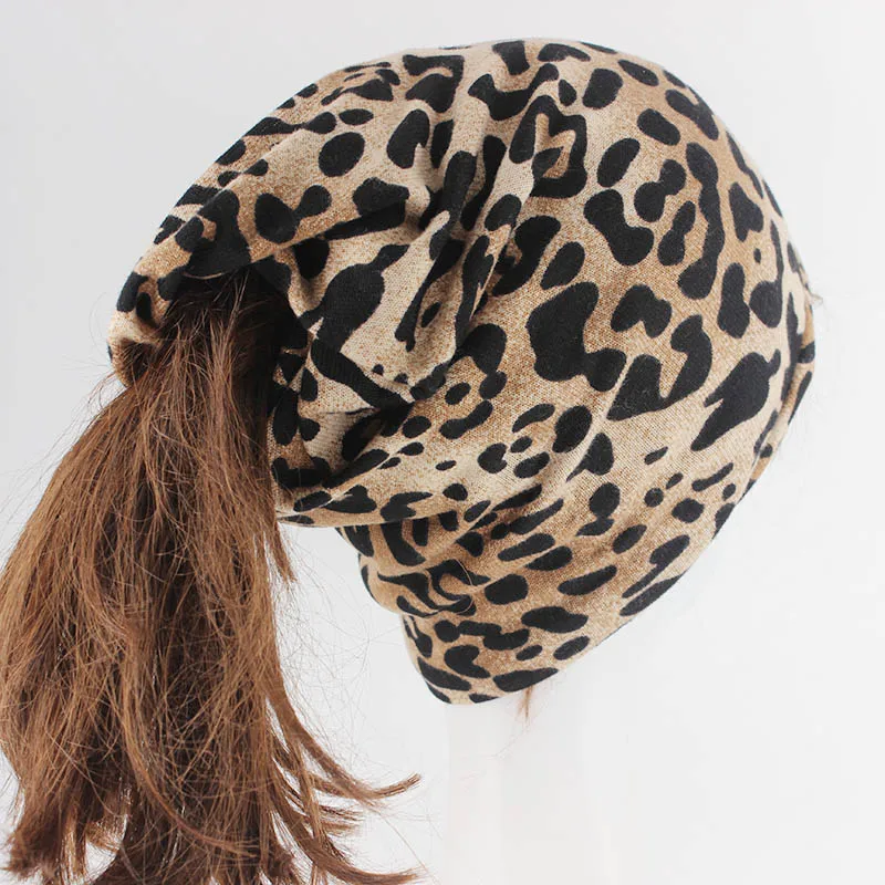 Hip Hop Women Fashion Leopard Print Warm Hat Caps For Girl Dot Spring Autumn Cotton Beanies Skullies Double Used Hats Scarf