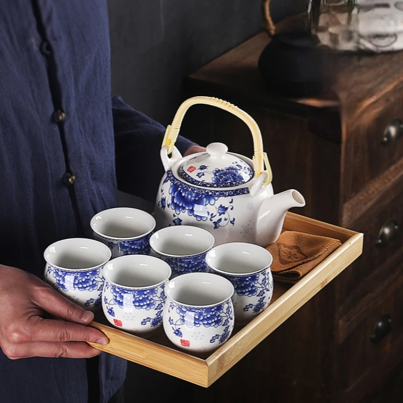 Lifting Handle Tea Set Porcelain Kung Fu Tea Set Sets Dry Pour Tea Tray Household Blue and White Teapot Tea Cup Complete Set