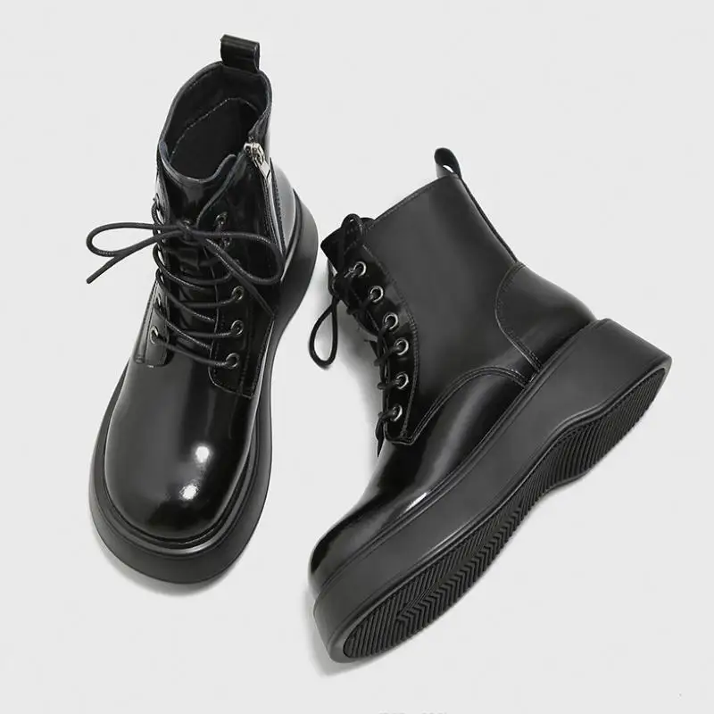 

British Women Height Increase Martin Boots Round Toe Lace Up Zip Leather Boots Girl Lady Fashion Leisure Platform Boots 35-40