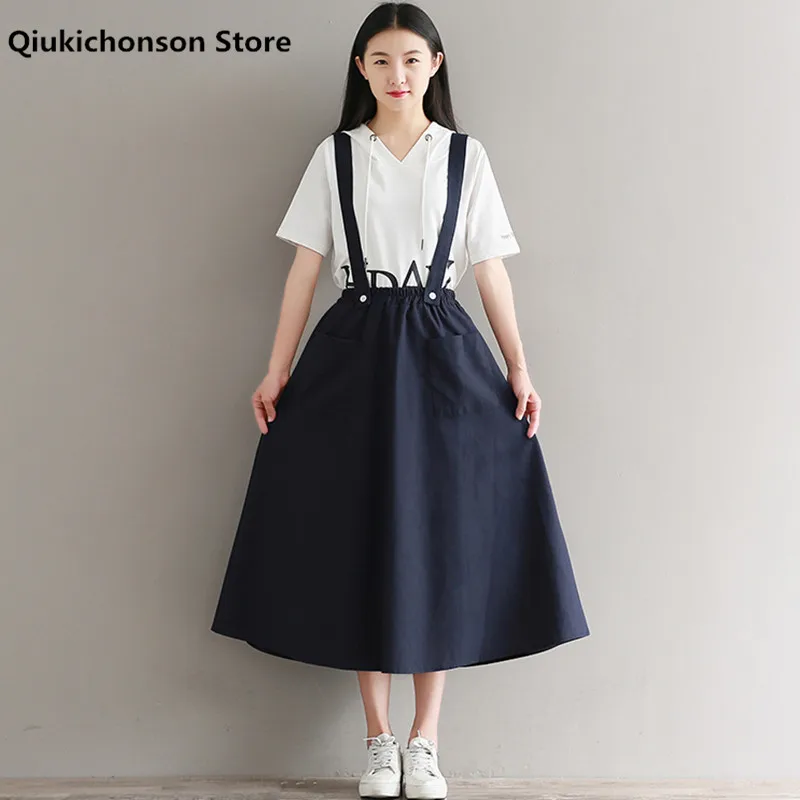 

Summer Women Skirts Long Midi Preppy Style Cotton Linen Elastic High Waisted Double Pockets Kawaii Suspender Skirts Teen Girls