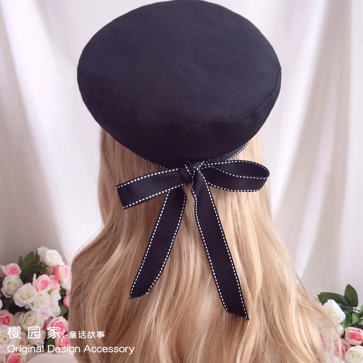 Girl Heart Soft Girl LOLITA Bow Ribbon Navy Wind Beret Joker Blue White Hat Cosplay Performance