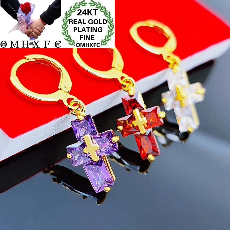 OMHXFC Jewelry Wholesale YM415 European Fashion Fine Woman Girl Party Birthday Wedding Gift Cross Zircon 24KT Gold Drop Earrings