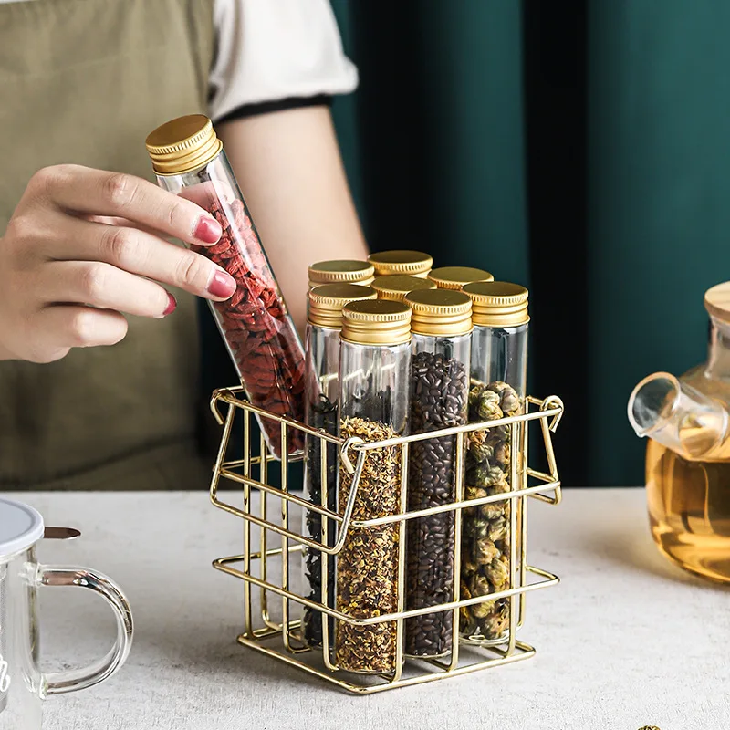 Modern Storage Basket with 9 Aluminum Lid Glass Bottles Golden Metal Shelf Tea Caddy Coffee Beans Candy Jar