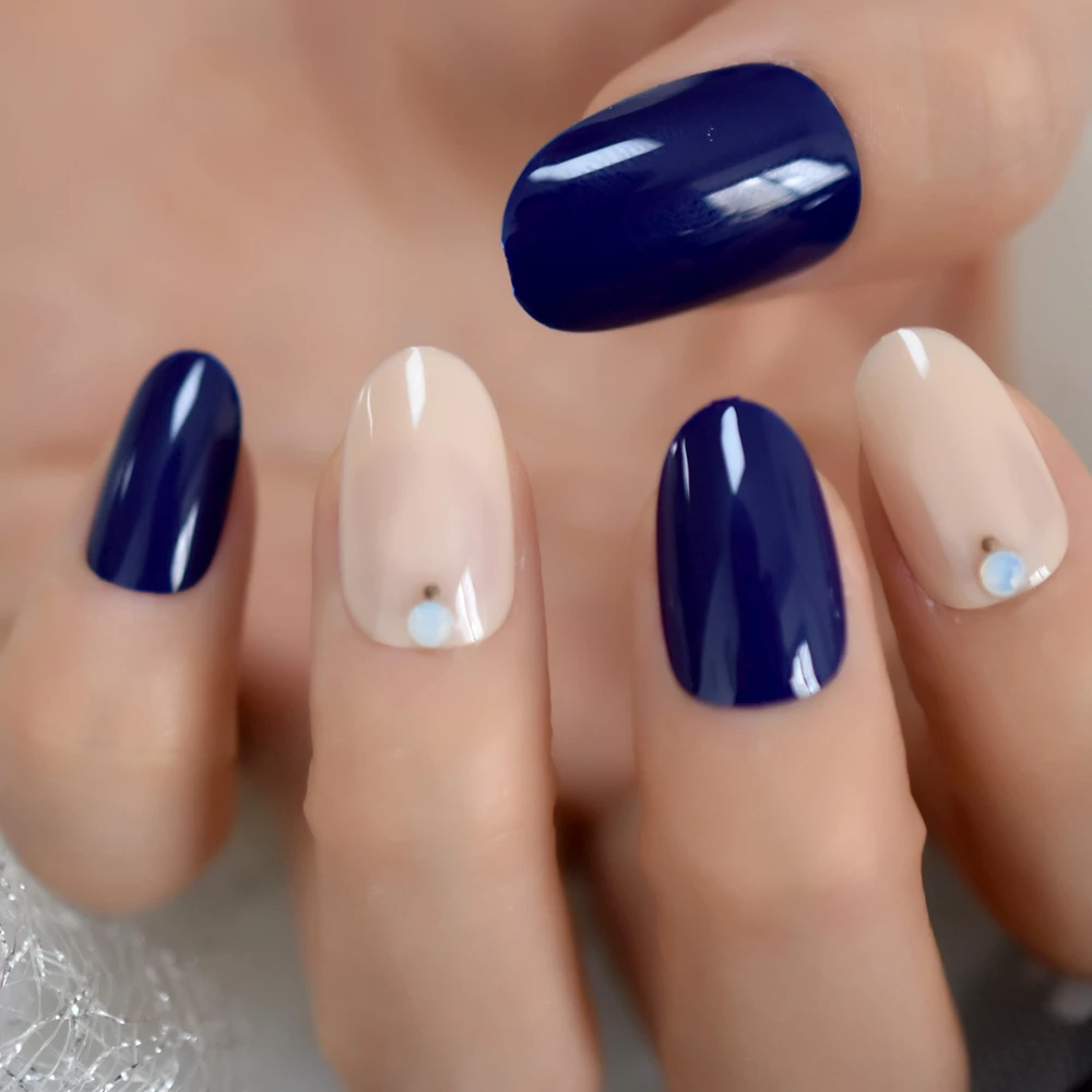 28Pcs Oval Fake Nails Dark Blue False Nails Gems Deco Short Shiny Nail Tips with Gel Cover French Acrylic Office Wear Nails