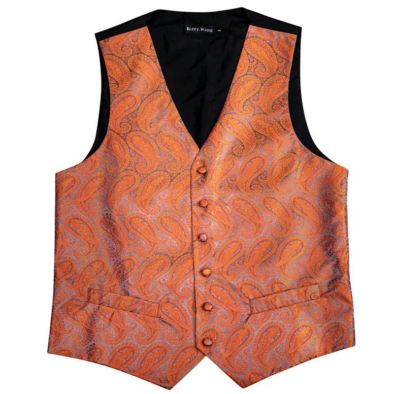 Barry.Wang Fashion Men Suit Vest Orange Paisley Waistcoat Silk Tailored Collar V-neck Check Vest Tie Set Formal Leisure M-2042