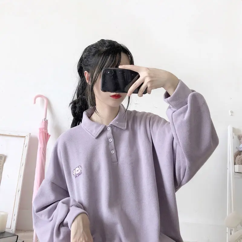 Hoodies Women with Buttons Turn-down Collar Thickening Warm Fresh Sweet Harajuku Ulzzang Loose Womens Students Korean Style Chic