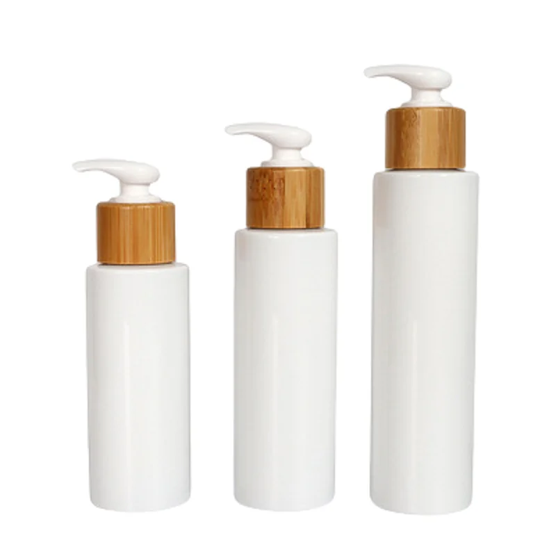 

20Pcs Shampoo Bottle Container Empty Bamboo Wooden Lotion Pump 3oz 4oz 100ML120ML150MLCosmetic Refillable White Plastic Bottles