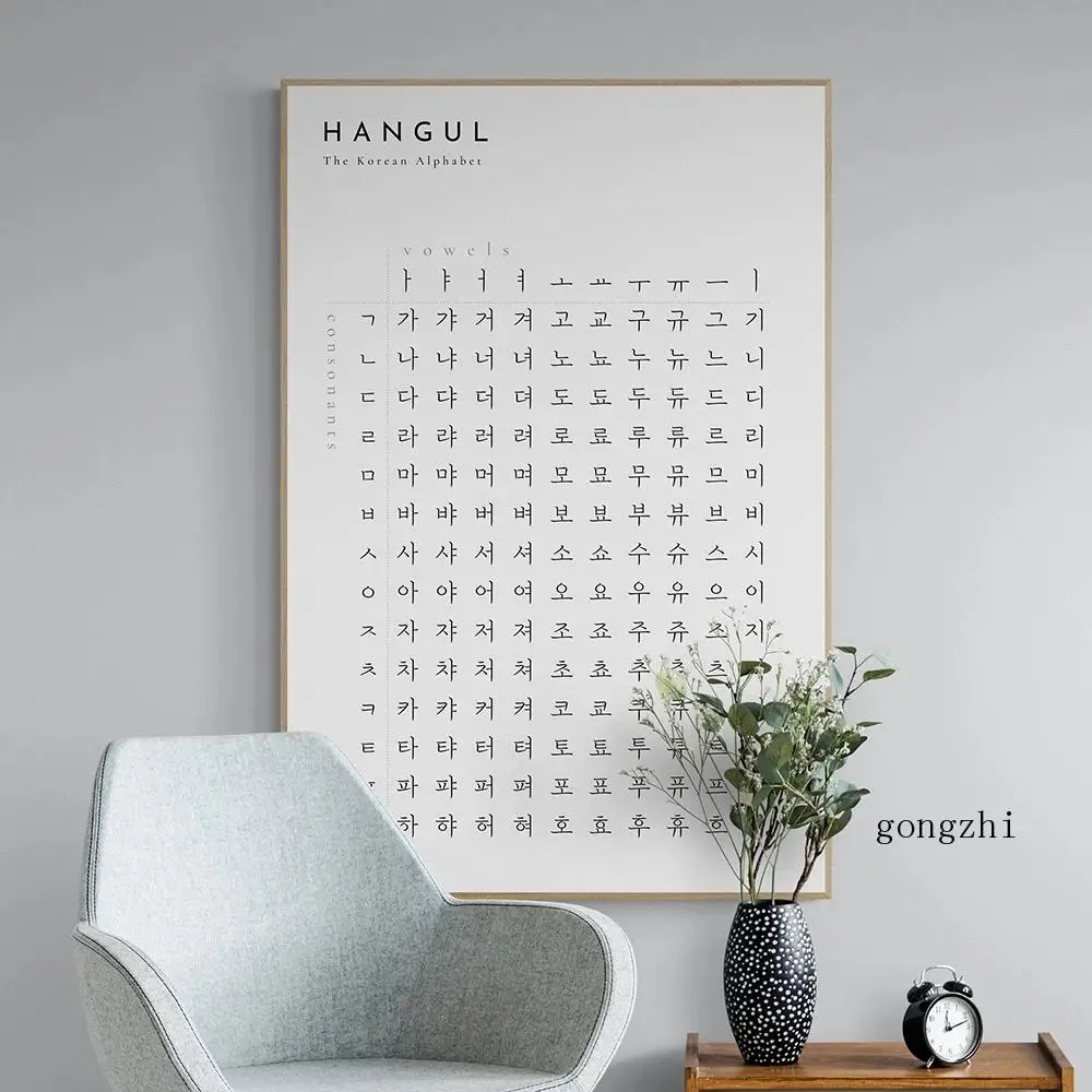 Korean Hangul Alphabet Learning Chart Poster Black and White Canvas Painting and Prints Kids Room Wall Art Pictures Home Decor