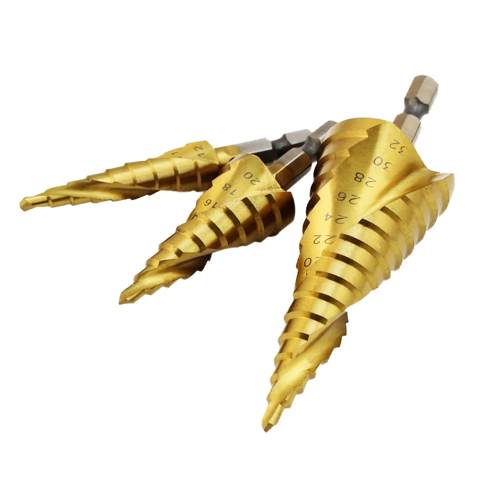 3pcs Golden HSS Helix Spiral Grooved Step Drill Bits Titanium Coated Cut Set Hole Cutter 1/4" Hex Shank
