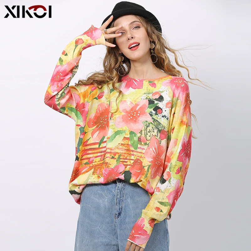 XIKOI Fashion Pink Flowers Print Sweater For Women Winter Long Sweater Oversized Pullovers Casual Knitted Plus Size Jumper Top