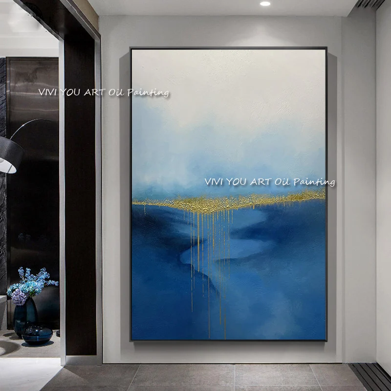 Gilded Ocean Wall Accent, Flowing Blue Tones With Dripping Gold Foil, Hand‑Made Palette‑Knife Art For Calm Luxury Interior