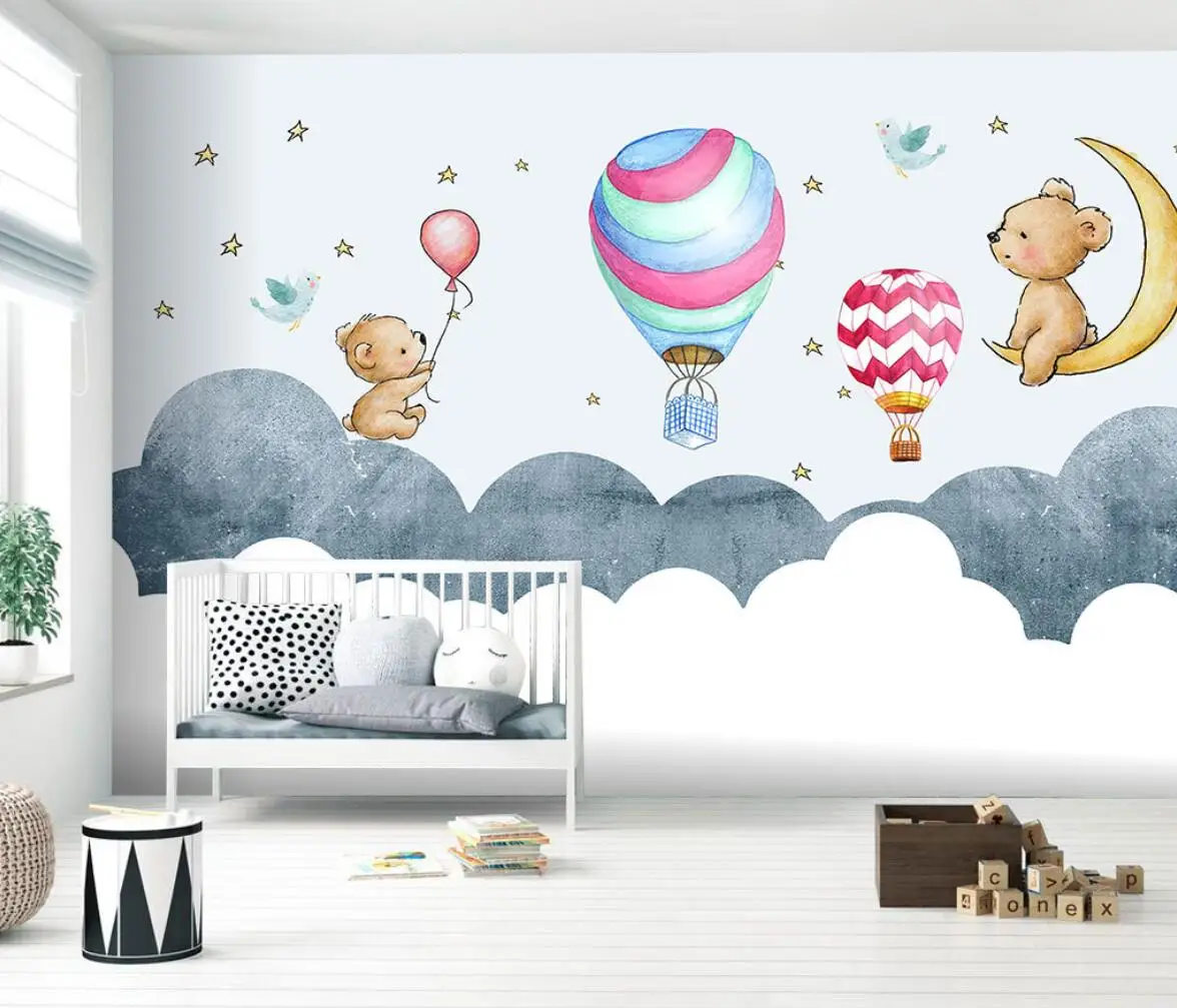 

beibehang custom Modern nordic cartoon panda hot air balloon wallpapers for children's room decor TV background 3D wall paper