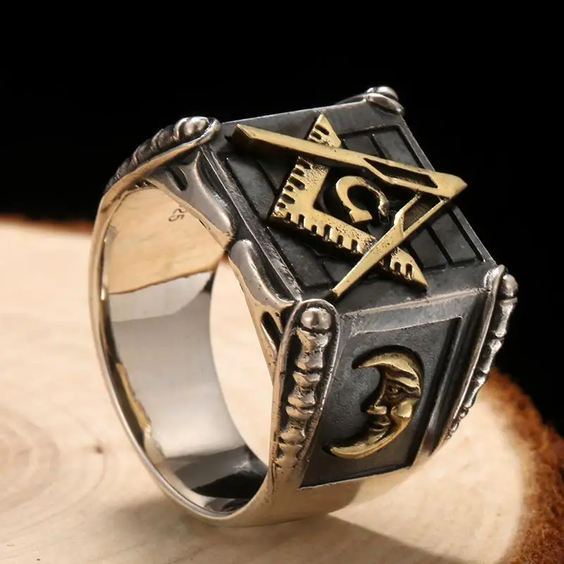 New Thai silver sun moon geometric ring designer original unique craft punk style domineering exaggerated men\'s jewelry