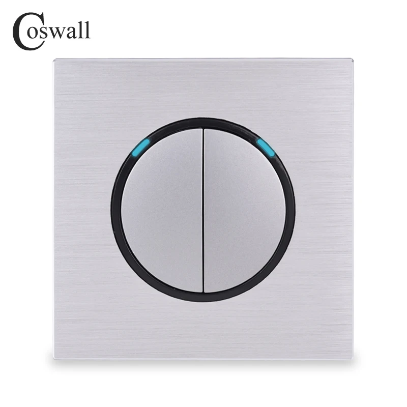 Coswall 2 Gang 1 Way Random Click On / Off Wall Light Switch With LED Indicator Black / Silver Grey Aluminum Metal Panel R12-02