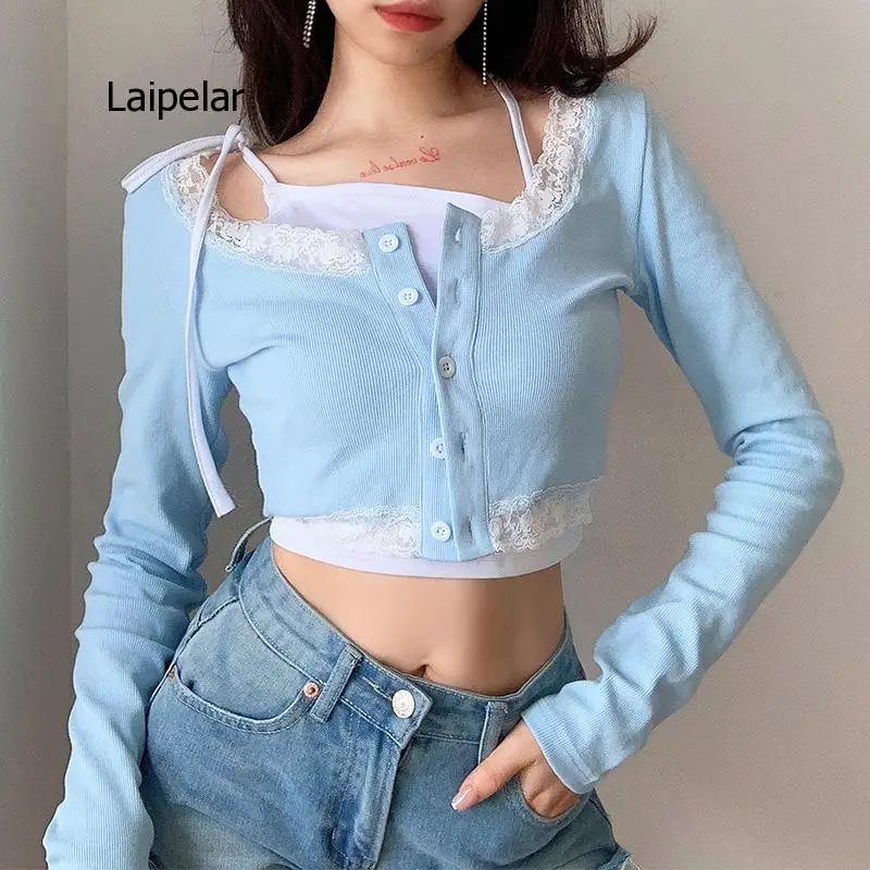 2021 Autumn New Girl Lace Stitching Single Breasted Long Sleeve T-Shirt Women's Casual Street Wear Set