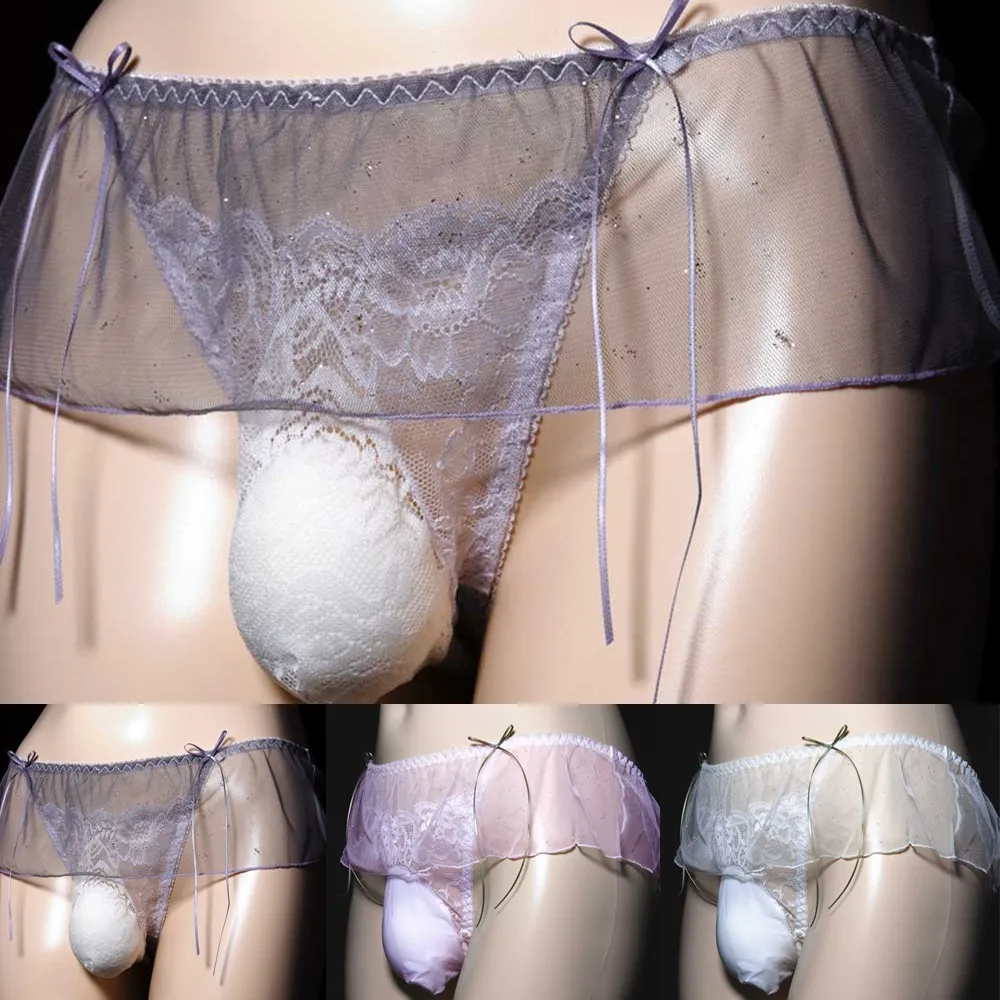 Transparent Lace Erotic Underwear Men Skirts Sissy Penis Big Pouch Panties Glossy Shiny Wrap Egg Underpants