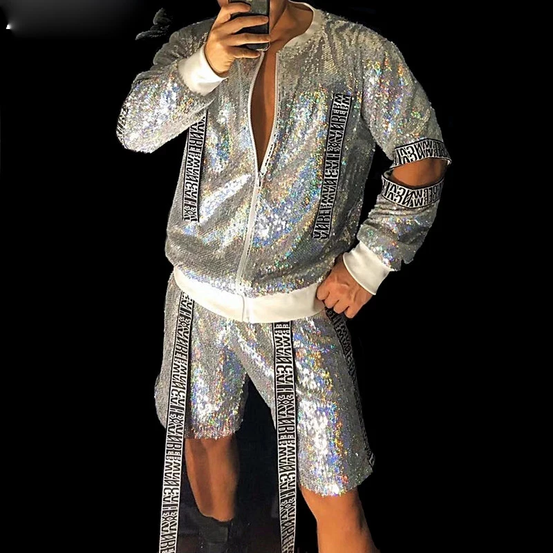 Two-piece Men\'s dance costume Set Shiny Sequins Jacket Pants Baseball Suit Nightclub Tide Hip Hop Rock Performance Clothes