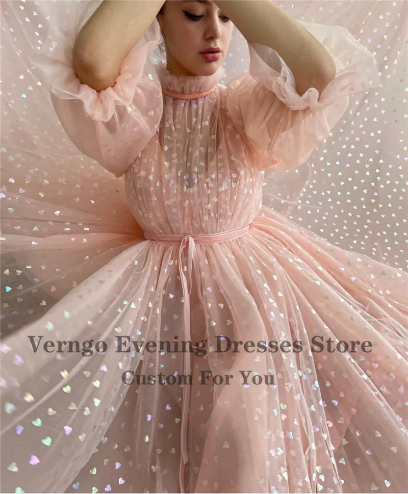 Verngo Blush Pink Hearty Tulle Puff Sleeves Long Evening Dresses High Neck Ruffles Lady Formal Prom Gowns Girls Graduation