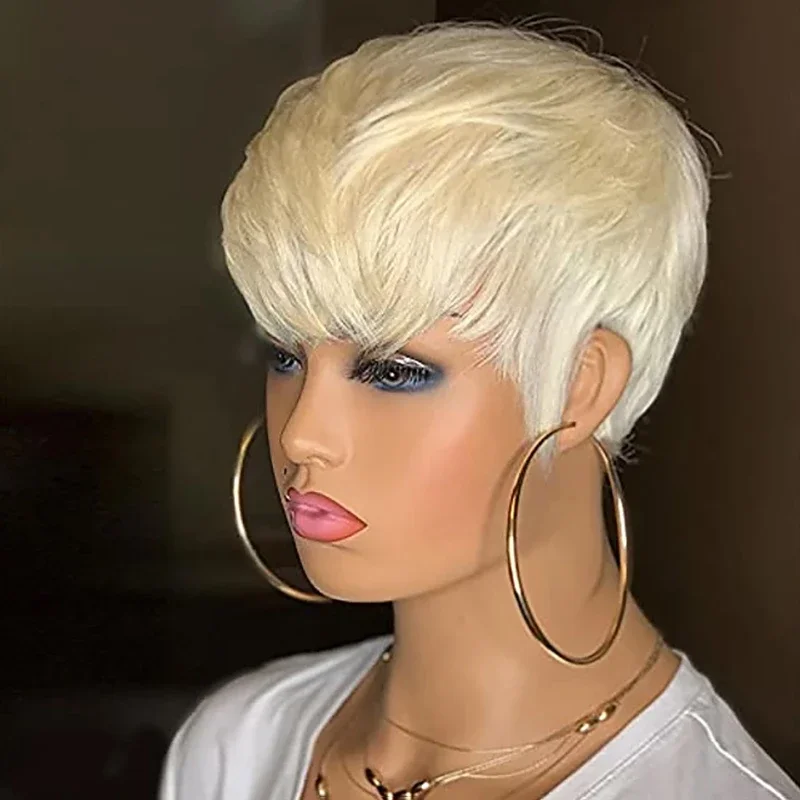 Debut Peruvian 613 Honey Blonde Color Wig Short Wavy Bob Pixie Cut Full Machine Made Human Hair Wigs With Bangs For Black Women