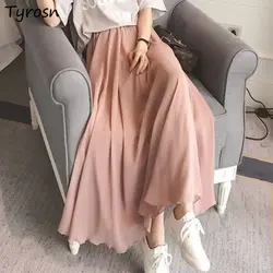 Skirts Women Chiffon Lining Trendy Temperament Solid Casual Gentle High Waist A-line Midi Skirt Feminine Streetwear Ethnic Style