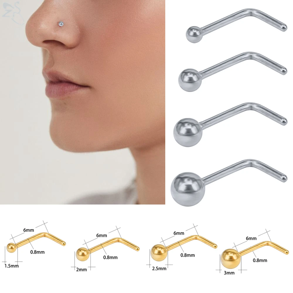 ZS 4pcs/lot 20G Nose Ring Set For Women Men 2 Colors Stainless Steel Ball Nose Piercing Simple L Shape Nostril Piercing Jewelry