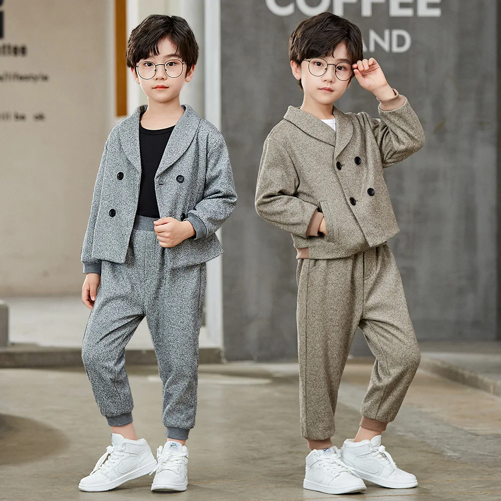 Korea Boys Jacket +Pants 2Pcs Clothing Set Kids Photograph Set School Children Formal Suit Host Performance Prom Wedding Dress