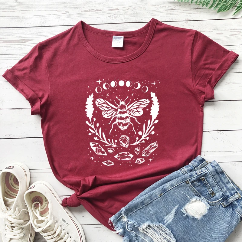 Mystical Honey Bee Moon Phases T-shirt Aesthetic Women Astrology Hippie Top Tee Shirt Vintage Boho WItch Gothic Tshirt