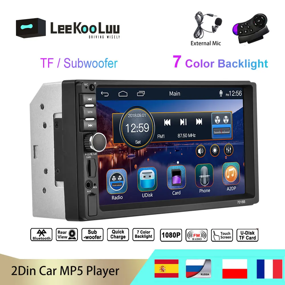 

LeeKooLuu 2 Din Car Radio Video Player 7'' Touch Bluetooth Mirrorlink Multimedia Autoradio FM AUX USB SD Subwoofer External Mic