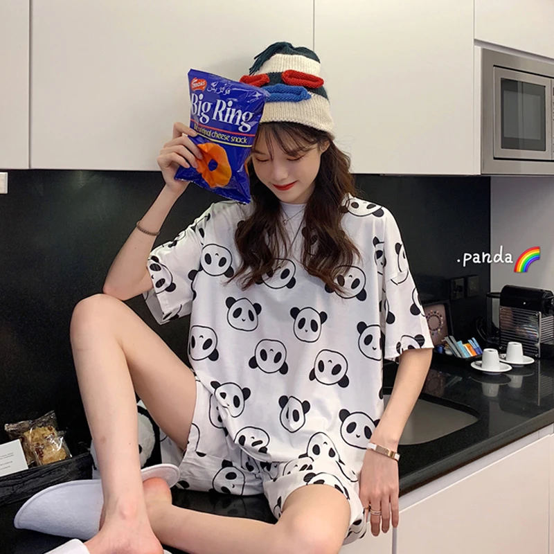 

2022 Panda Print Summer Pajamas For Women Cartoon Homewear Girls Sweat Cute Pajamas Loose Sleepwear T-Shirts and Shorts 2 Set