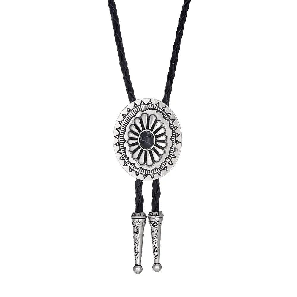 

KDG western cowboy dot natural black turquoise zinc alloy men's bolo tie leather rope pendant