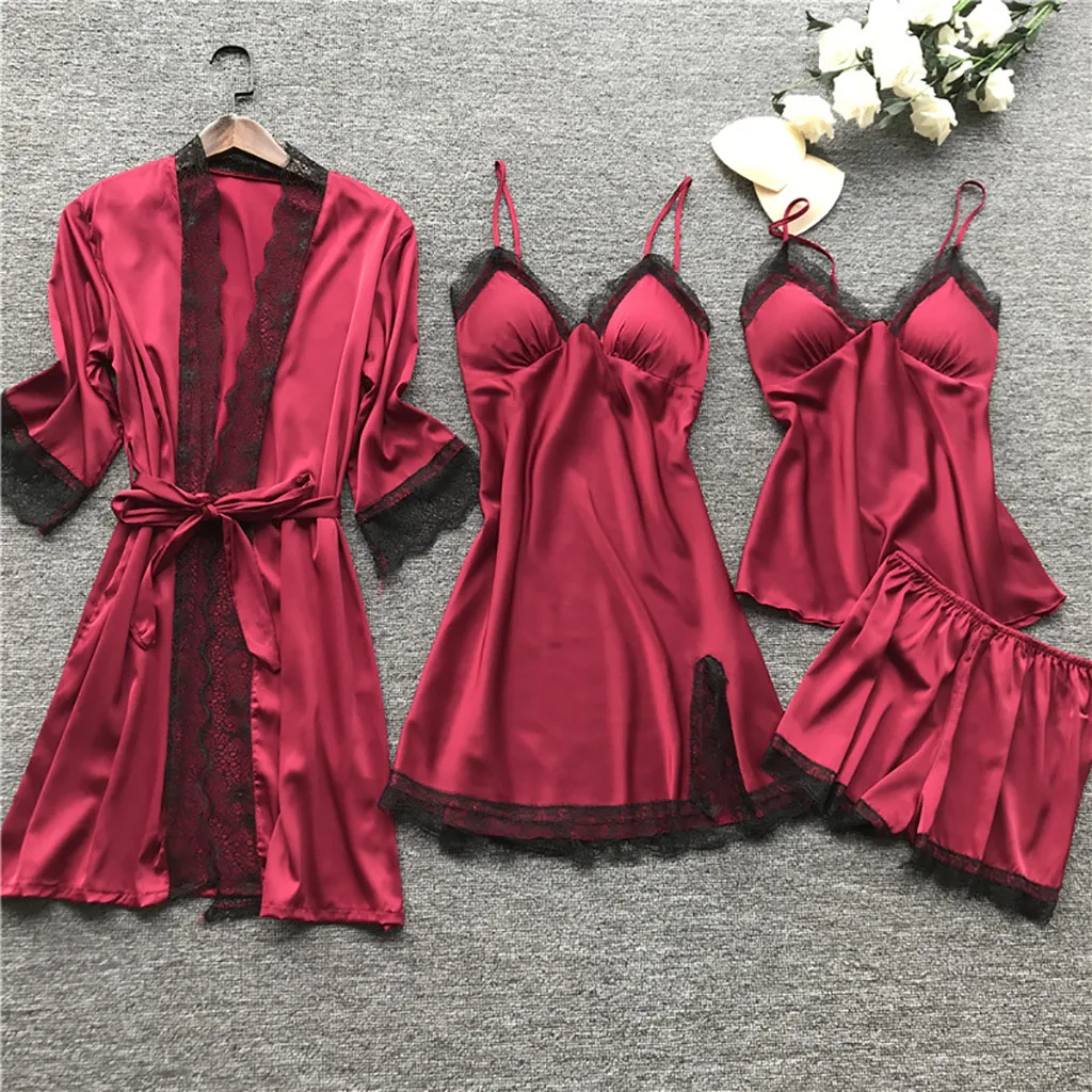 

Hot Womens 4PC Pajamas Sets Lace Top Pants Sleepwear Suit Home Wear Nightwear Sexy Silk Satin Robe Bath Gown Nightdress 3XL