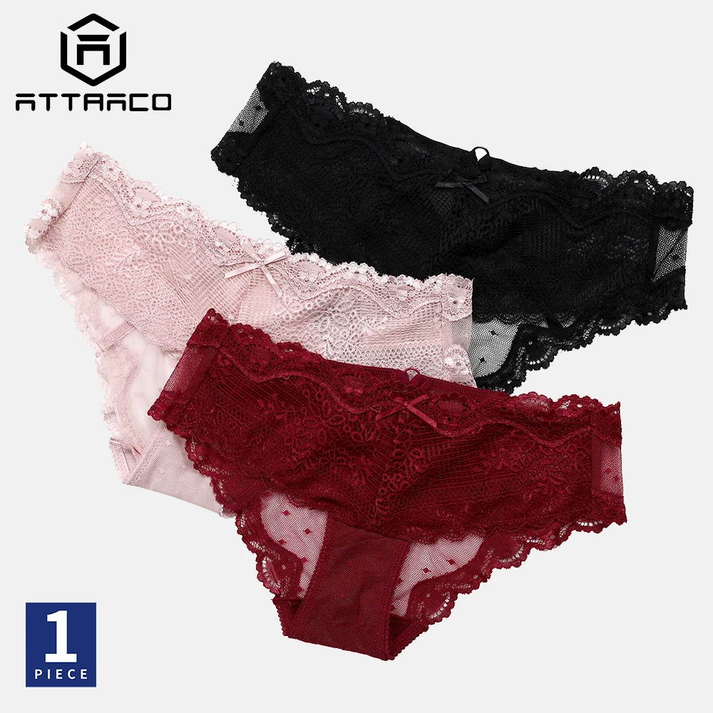 ATTRACO Underwear Panties Briefs 1 PCS Women's Thong Lace String Tanga Soft Basic Lingerie Solid Black Red Pink белье женское