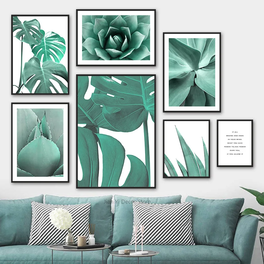 Mint Green Monstera Succulents Quote Wall Art Canvas Painting Nordic Posters And Prints Wall Pictures For Living Bedroom Decor