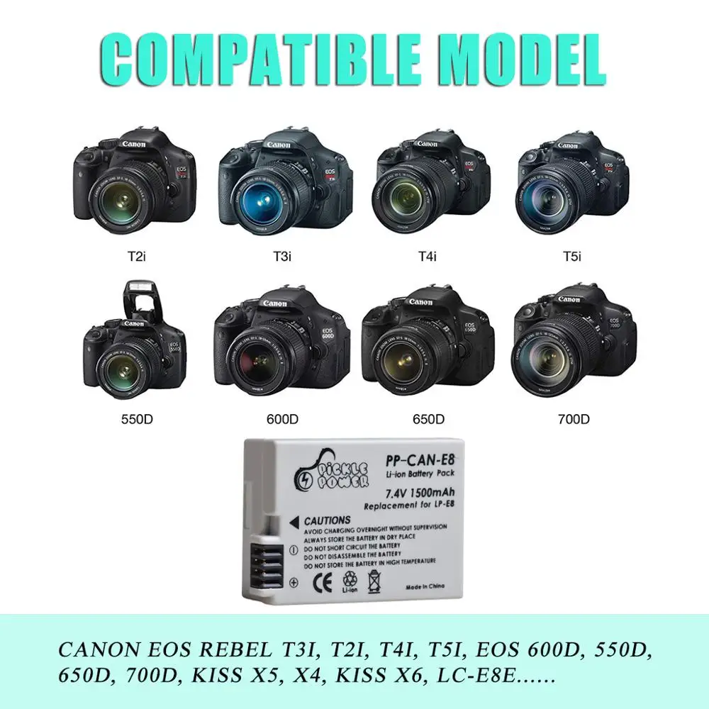 Augurk Power 1500mAh Digitale Batterij Voor Canon 550D 600D 650D 700D Rebel T2i T3i T4i T5i LP-E8 LPE8 LP E8 LCD Dual Charger
