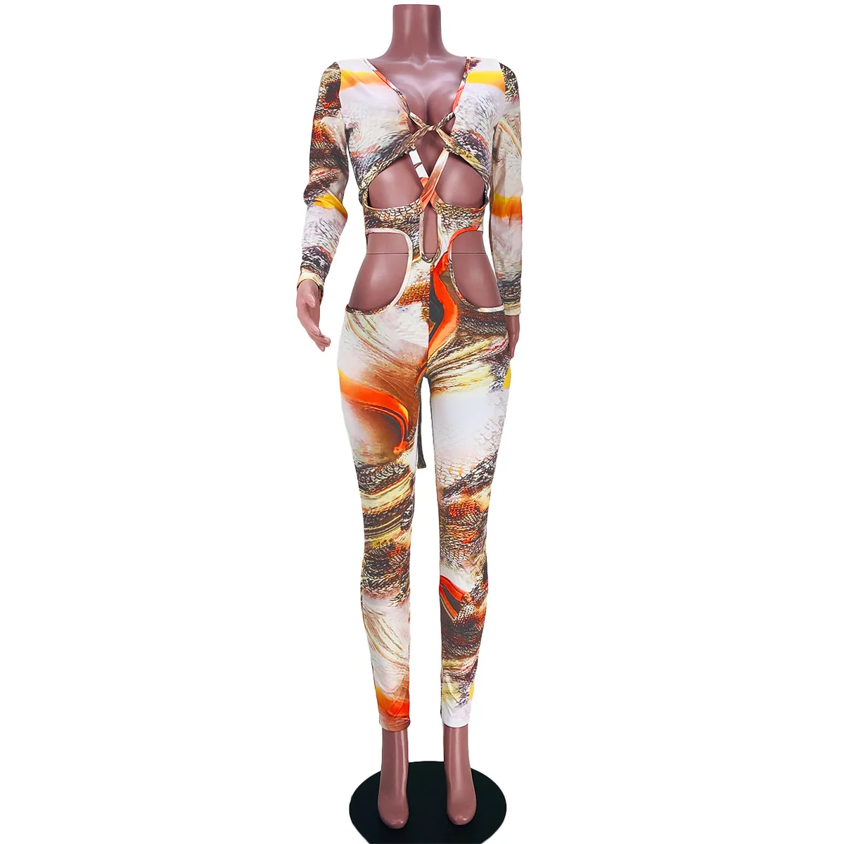 BKLD 2024 Autumn Winter Clothes Fashion Printed Sexy Cut Out Bandage Long Sleeve Bodycon Jumpsuit One Piece Outfit Women