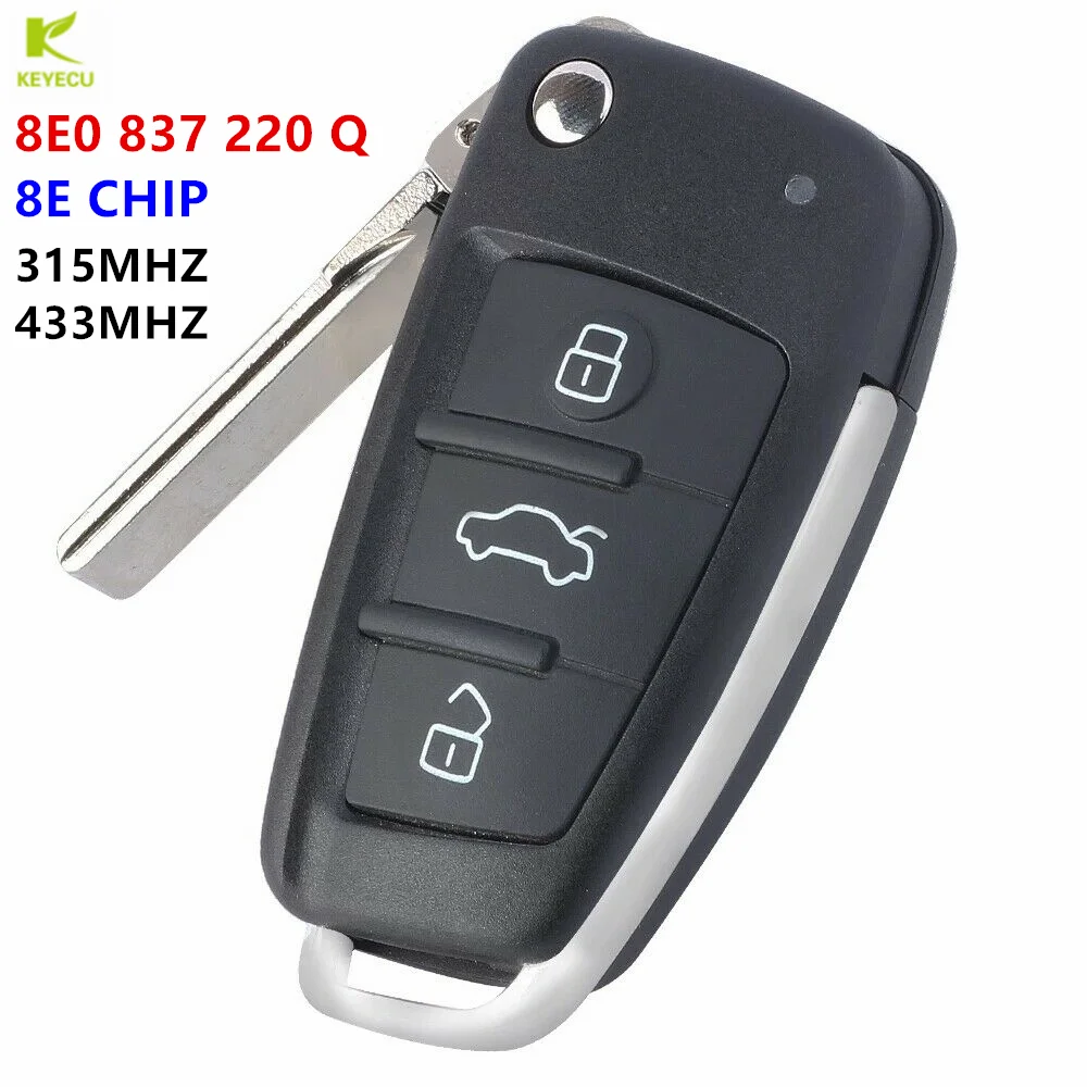 

KEYECU Replacement 3 Button Flip Remote Key for Audi A6L Q7 2006-2012 8E0837220Q 315/433MHz 8E Electronic Chip 8E0 837 220 Q/M/T