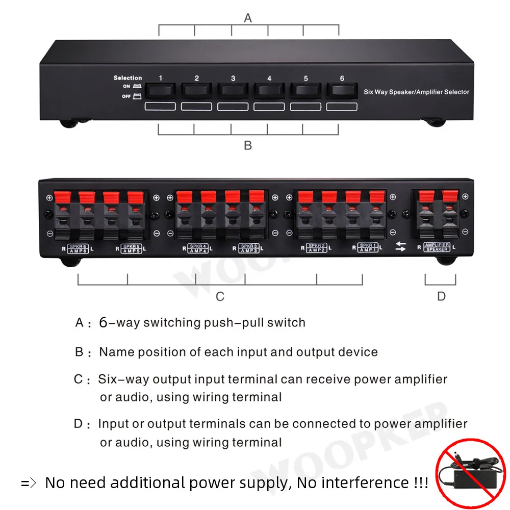 Woopker 6-Way HIFI Stereo Amplifier Speaker Comparator A01 Bidirectional Selective Switch Audio Equipment Switcher