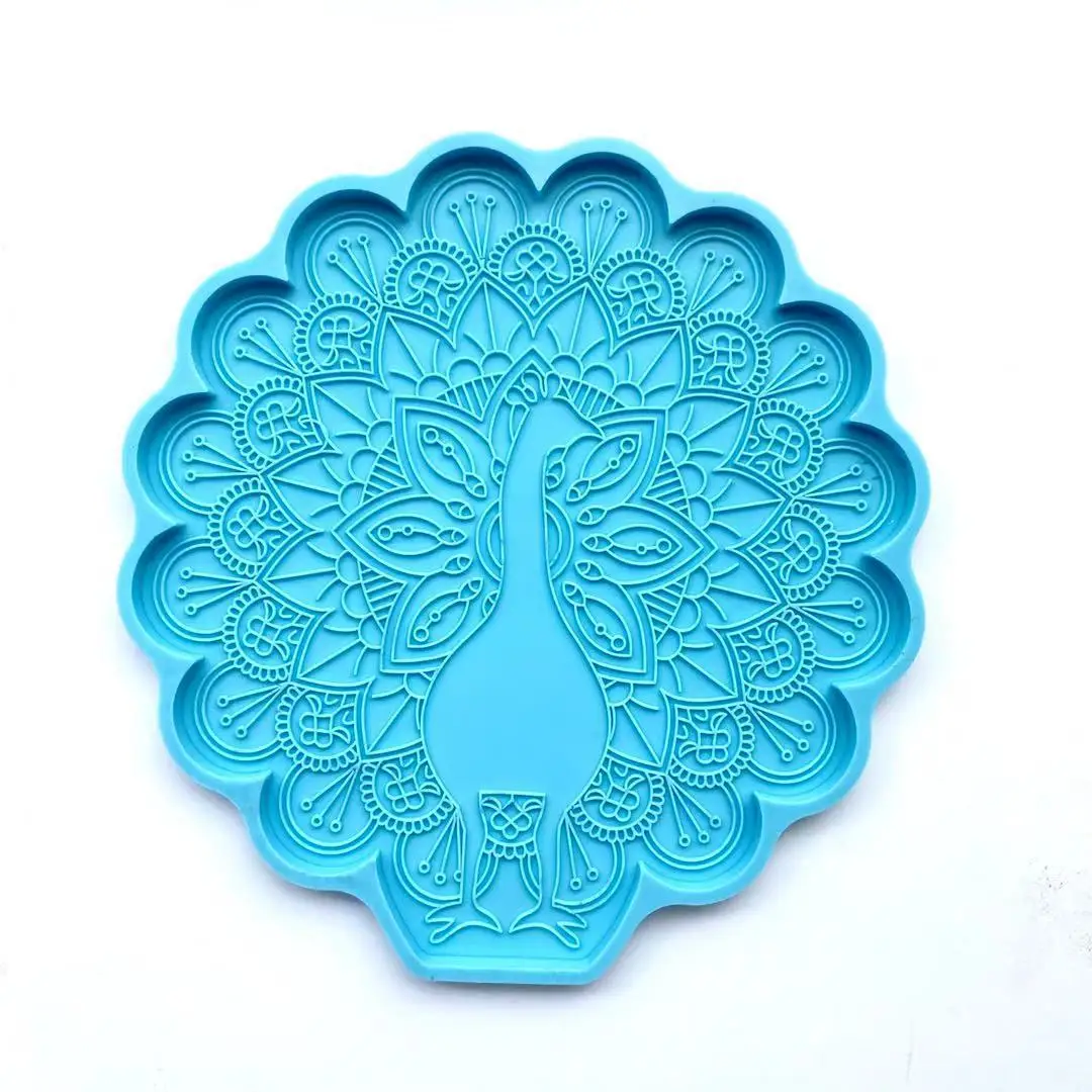 DIY Mirror Resin Silicone Mold Peacock Mandala Flower Cup Pad Mould Round Table Tray Coaster Resin Craft Molds Home Decoration